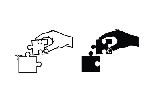 Hand solving jigsaw puzzle vector line illustration, missing piece completion concept