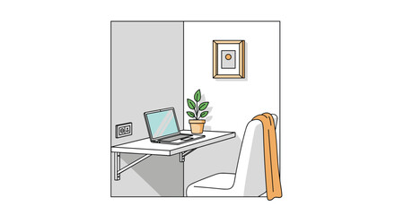 Fototapeta premium Flat illustration of person sitting at desk hesitating before decision, hand on chin, laptop open but idle, sticky notes blank on desk, remote worker, freelance, work from home, work from anywere,