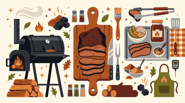 Grilled brisket illustration for National Barbecue Day features a barbecue grill with utensils and food