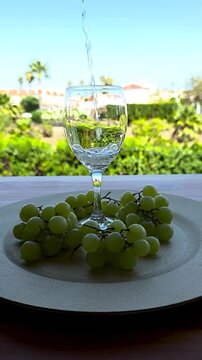 Slow motion commercial footage of white wine being poured into a glass with fresh green grapes on a wooden table outdoors in Spain.
