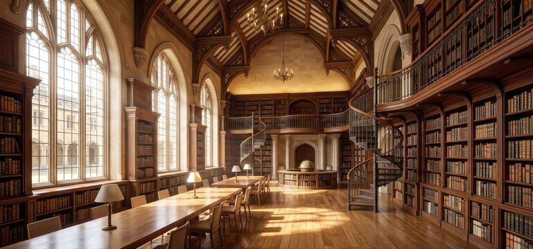 Grand library interior with towering bookshelves a spiral staircase and a long wooden reading table