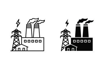 Fototapeta premium Power plant with smokestacks and transmission tower, flat vector illustration