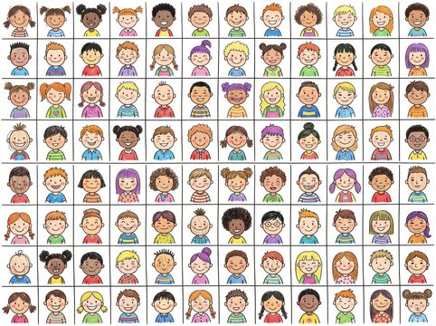 Hand Drawn  Kids Pencil Drawing Children Avatar Icon Grid