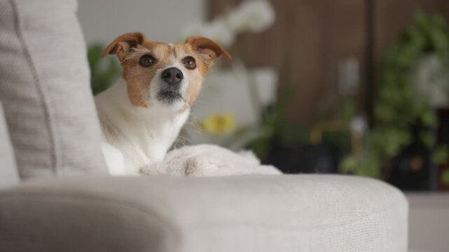 Dog lies on sofa, lifts its head and places it back down on soft blanket. Concept of pet behavior and indoor dog life