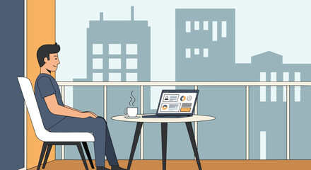 Fototapeta premium Flat illustration of person sitting at desk hesitating before decision, hand on chin, laptop open but idle, sticky notes blank on desk, remote worker, freelance, work from home, work from anywere,