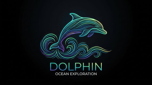Stylized artistic dolphin leaping from abstract colorful wave lines on dark black surface.