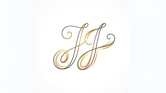 Elegant gold cursive lettering monogram of double j initial letters on plain white backdrop.