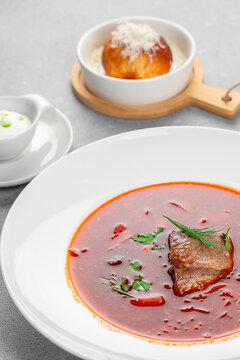 Traditional Ukrainian Borscht with Beef and Garlic Doughnut