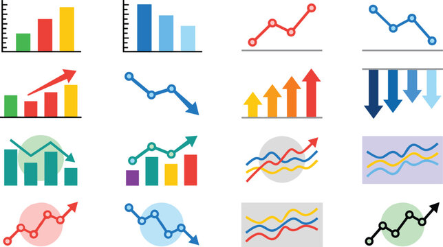 Business Growth and Financial Analytics Chart Vector Icon Set with Market Data Bar Graphs Line Diagrams and Trend Symbols
