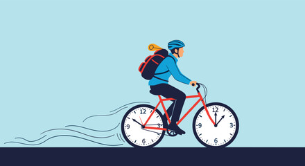 Fototapeta premium Young cyclist with a backpack riding a bicycle with clock wheels as a symbol of fast delivery or time management.