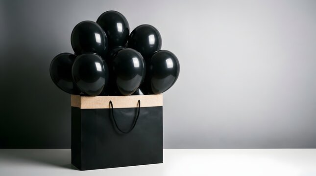 Black shopping bag with black balloons on white table