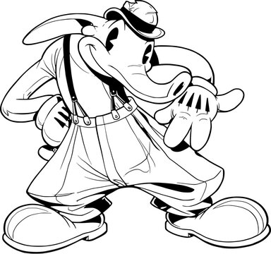 Funny cartoon aardvark character standing in a cool pose wearing overalls and a hat