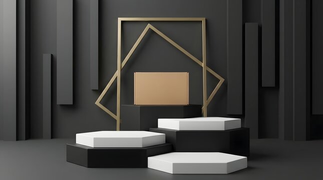 Minimalist product display stand with geometric gold frame black and white color scheme