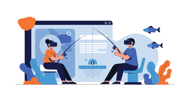 Man and woman wearing virtual reality headsets enjoying a digital simulation of fishing with rods in an indoor setup.