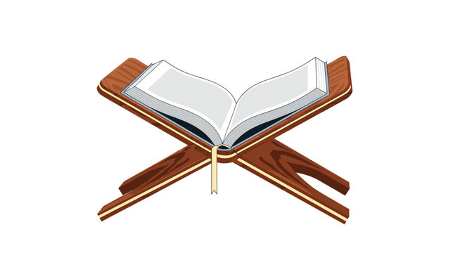 Holy book of Quran or bible resting open on a traditional wooden folding stand or rehal isolated on a clean white background.
