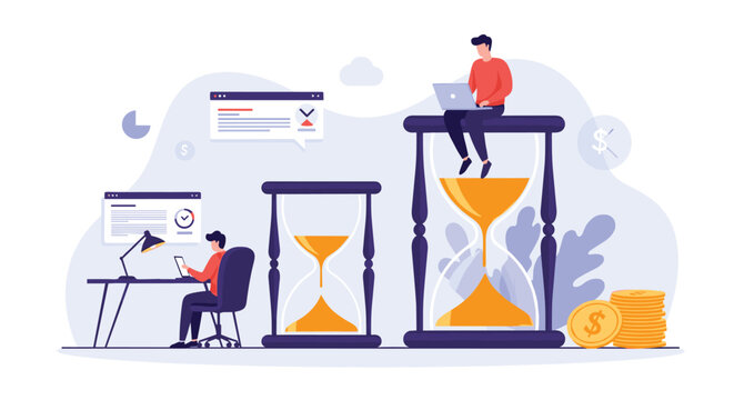 Employees managing their deadlines and working hard near giant hourglasses and money stacks in two panels.