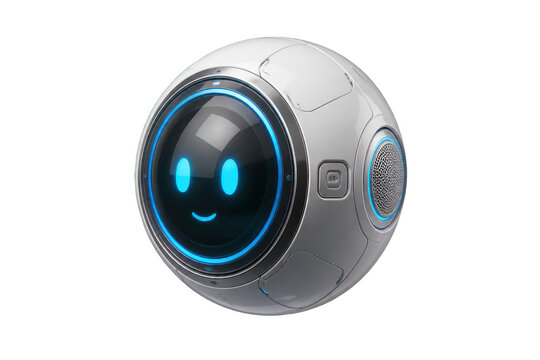Glossy spherical robot head with smiling LED face
