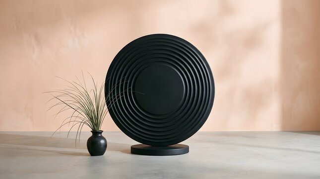 Modern black circular sound system with plant decor on neutral surface