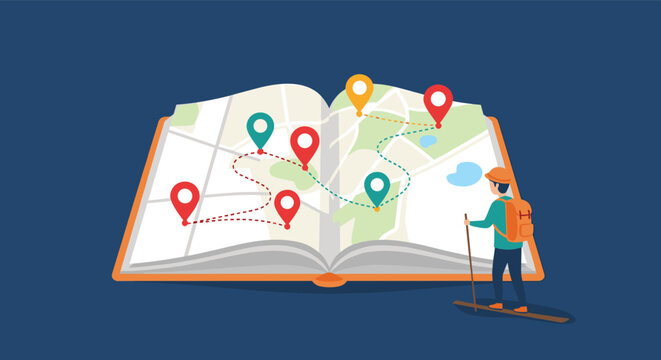 Hiker standing in front of a giant open book displaying a map with colorful location pins and scenic travel routes.
