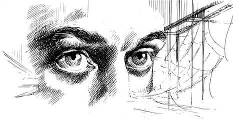Obraz premium Intense human eyes staring in dramatic engraving illustration