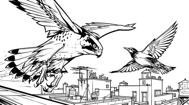 Majestic falcon soaring over a city skyline with spread wings in a dramatic low angle view