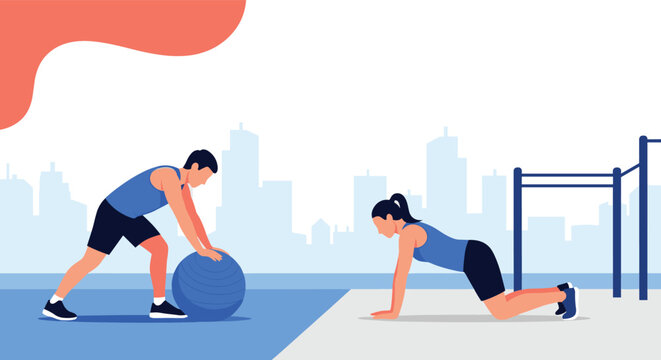 Young athletic man and woman doing an intensive outdoor workout and fitness training session in front of city skyline.