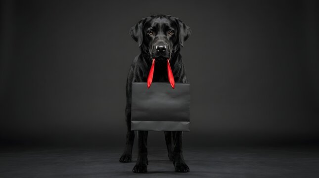 Black labrador retriever holding shopping bag studio portrait with dramatic lighting