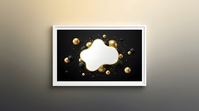 Elegant framed art print with gold and black spheres and a white speech bubble