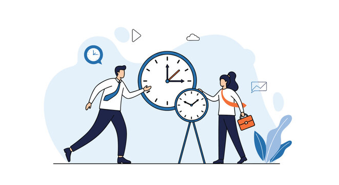 Two business professionals adjusting a large wall clock and a desk clock representing daylight savings time changes.