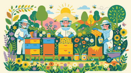 Obraz premium Beekeepers in a sunny garden tend to colorful beehives surrounded by flowers and trees in a serene natural animation scene.