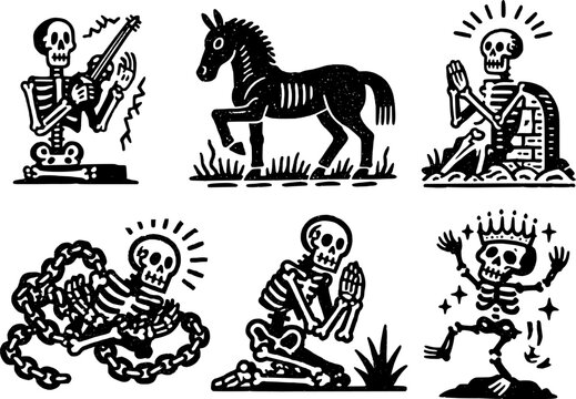 Black and white skeleton set with guitar player, horse, praying figure, and sparkling skull in folk art