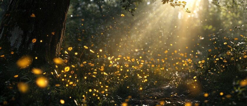Yellow wildflowers glowing in sunlight magical forest scene