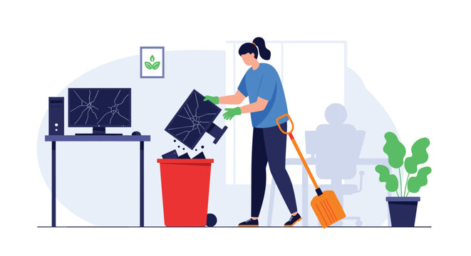 Female office worker cleaning her desk workspace and throwing a broken computer monitor into a red recycling bin.