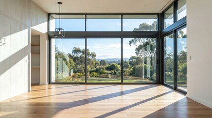 Fototapeta premium Modern minimalist interior room with large glass windows and scenic outdoor garden view.