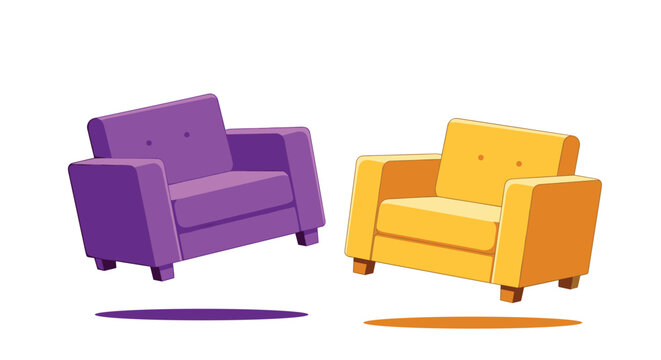 Two cozy armchairs in vibrant purple and yellow colors floating above their shadows on a clean white background.