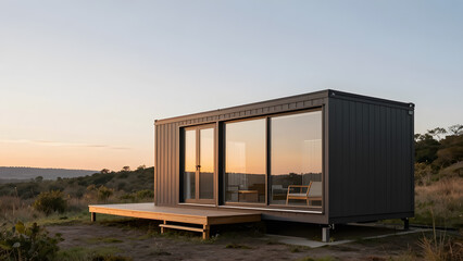 Fototapeta premium Modern Container House in Rural Landscape: A sleek, contemporary shipping container home with a wooden deck is nestled in a serene, undeveloped landscape during golden hour.