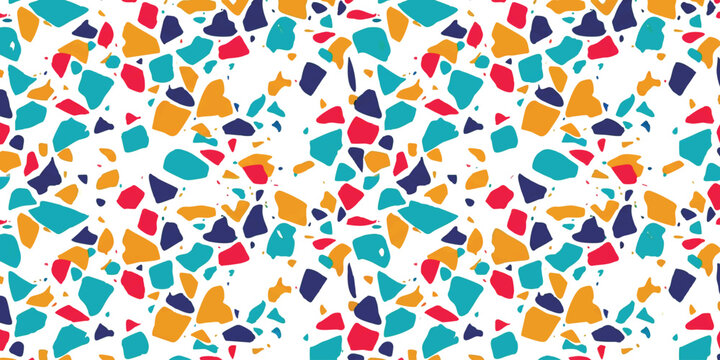 Colorful terrazzo pattern with bright geometric stone shapes and abstract mosaic design