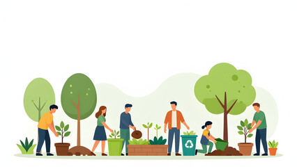 Fototapeta premium Community Gardening Initiative: A group of diverse individuals comes together to nurture new life, planting saplings and tending to a vibrant garden under the open sky.