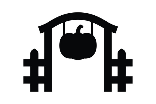Black silhouette icon of a rustic garden archway featuring a hanging pumpkin sign for festive Halloween fall harvest farm market celebrations and seasonal autumn pumpkin patch event design templates