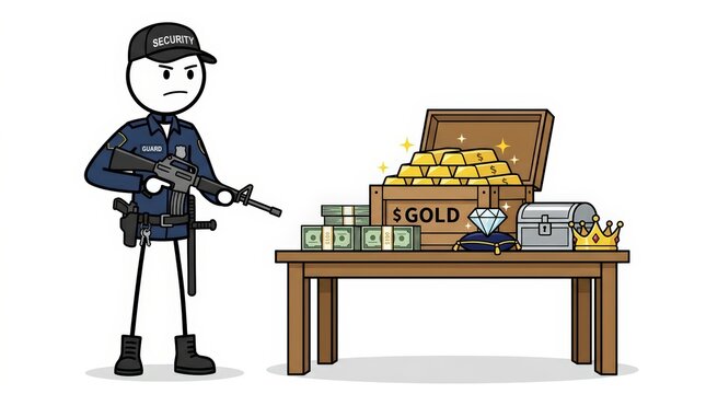 Security guard protecting treasure chest, stickman officer guarding gold bars and cash, armed security protecting wealth and valuable assets