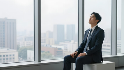 Fototapeta premium Contemplation by the Window: A young Asian businessman in a dark suit sits by a large office window, gazing thoughtfully into the distance with a cityscape blurred in the background.