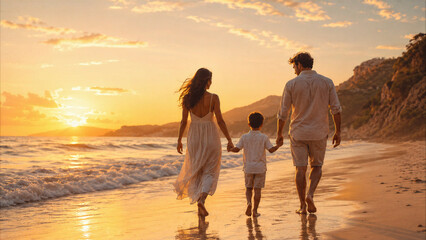 Fototapeta premium Family of three walking hand in hand along a sandy beach at sunset, golden hour coastal landscape, rear view.