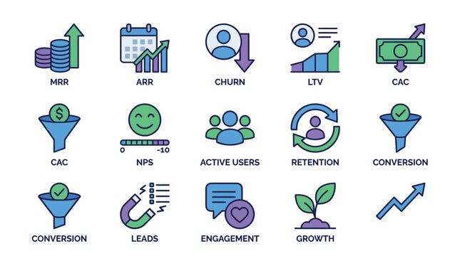 Set of Business Metrics and Performance KPI Line Vector Icons