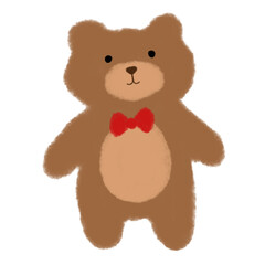 Fototapeta premium Cute teddy bear character with red bow tie illustration, digital watercolor painting 