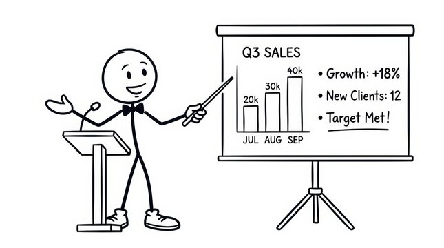 Business stick figure presentation, professional speaker at podium with Q3 sales chart, financial growth report illustration