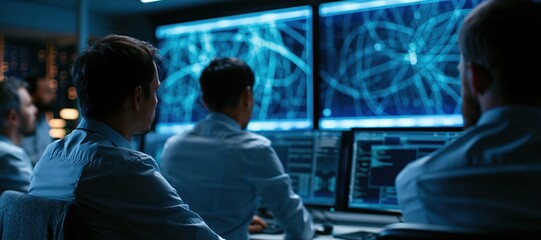 Obraz premium Mission control researchers analyzing abstract orbital paths on large digital screens