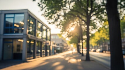Obraz premium Urban landscape bathed in sunlight, featuring a building and trees along the sidewalk, creating an