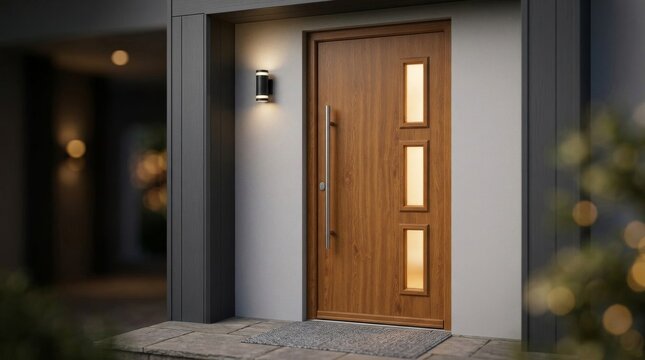 Modern wooden front door with glass panels at night.