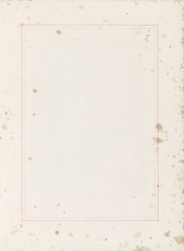 Vintage old book page texture background. Antique stained paper sheet with minimalist red line border frame and blank copy space type area for classic poem layout mockup template.