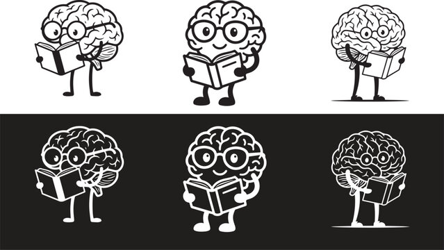 cartoon brain characters reading books in different poses and glasses on white and black backgrounds.
